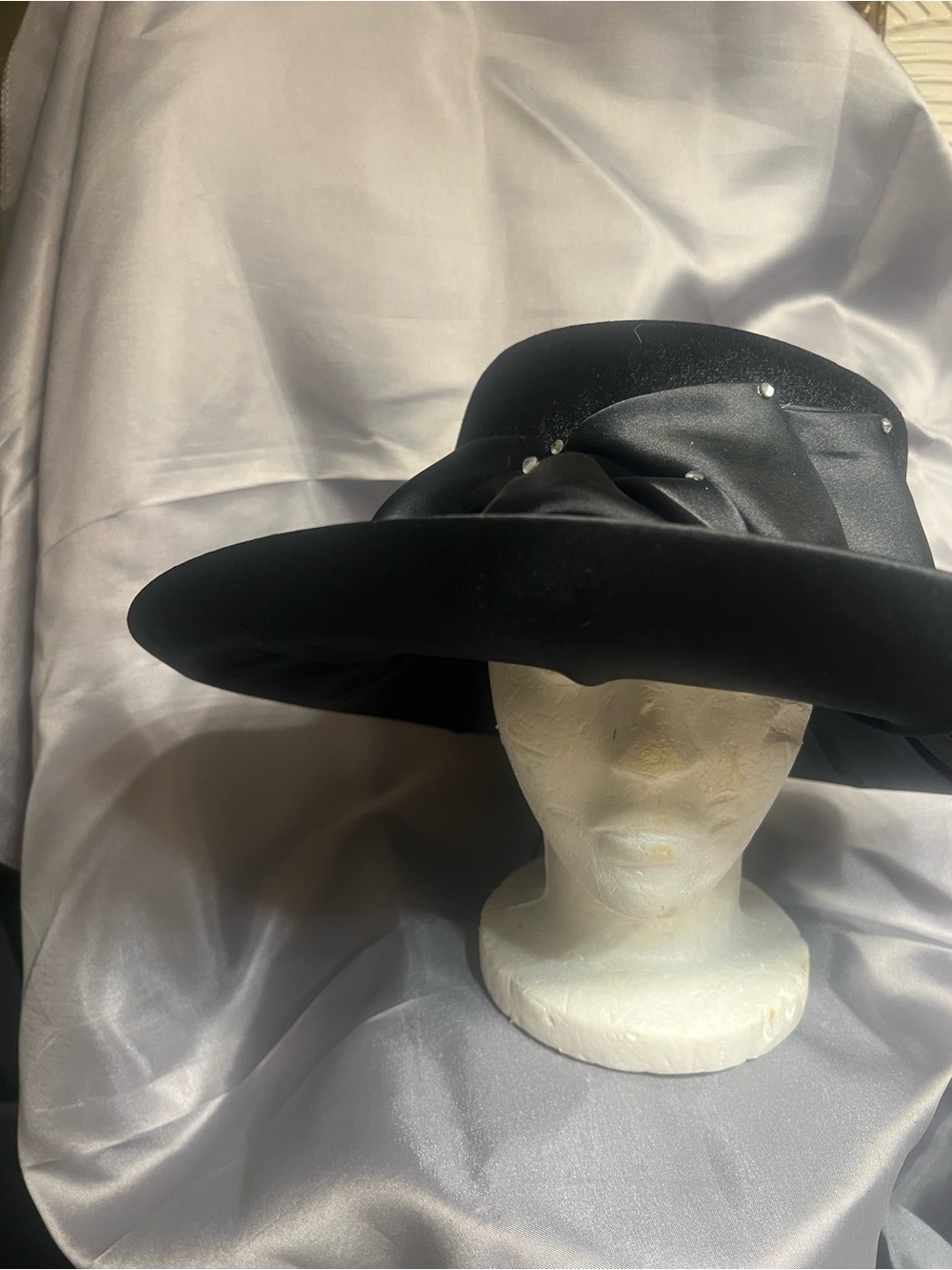August Hats Black Velvet Wide-Brim Hat with Satin Band and Rhinestone Accents wi
